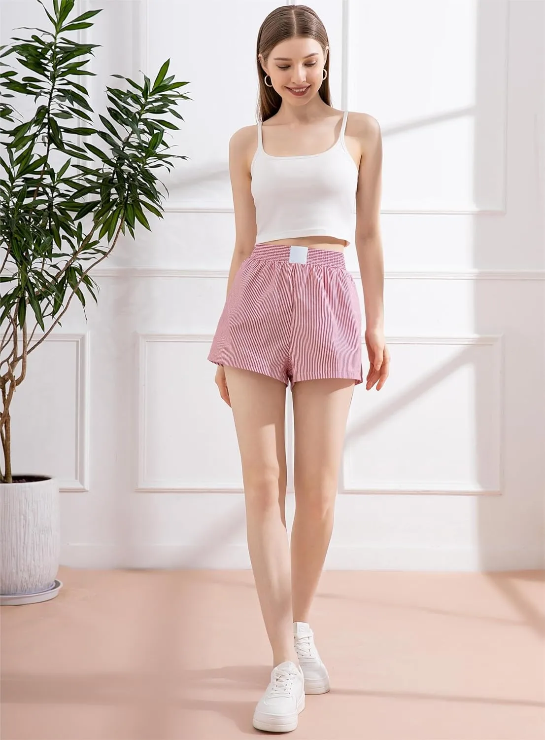 Gihuo Women's Striped Shorts Elastic High Waisted Boxer Shorts Cute Stripe Sleep Lounge Shorts Y2k Summer Casual Shorts