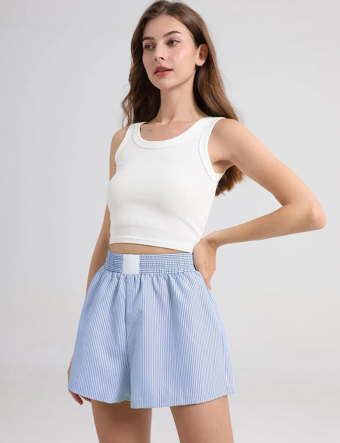Gihuo Women's Striped Shorts Elastic High Waisted Boxer Shorts Cute Stripe Sleep Lounge Shorts Y2k Summer Casual Shorts