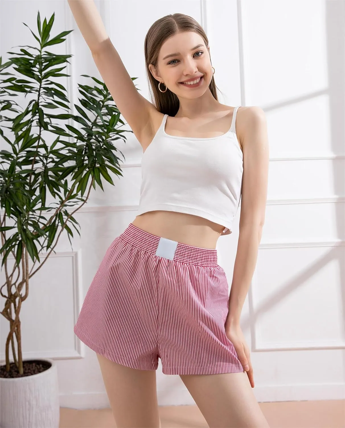 Gihuo Women's Striped Shorts Elastic High Waisted Boxer Shorts Cute Stripe Sleep Lounge Shorts Y2k Summer Casual Shorts