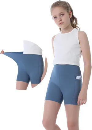 Girls Biker Shorts Kids Yoga Shorts High Waisted Spandex Athletic Running Volleyball Shorts with Pockets