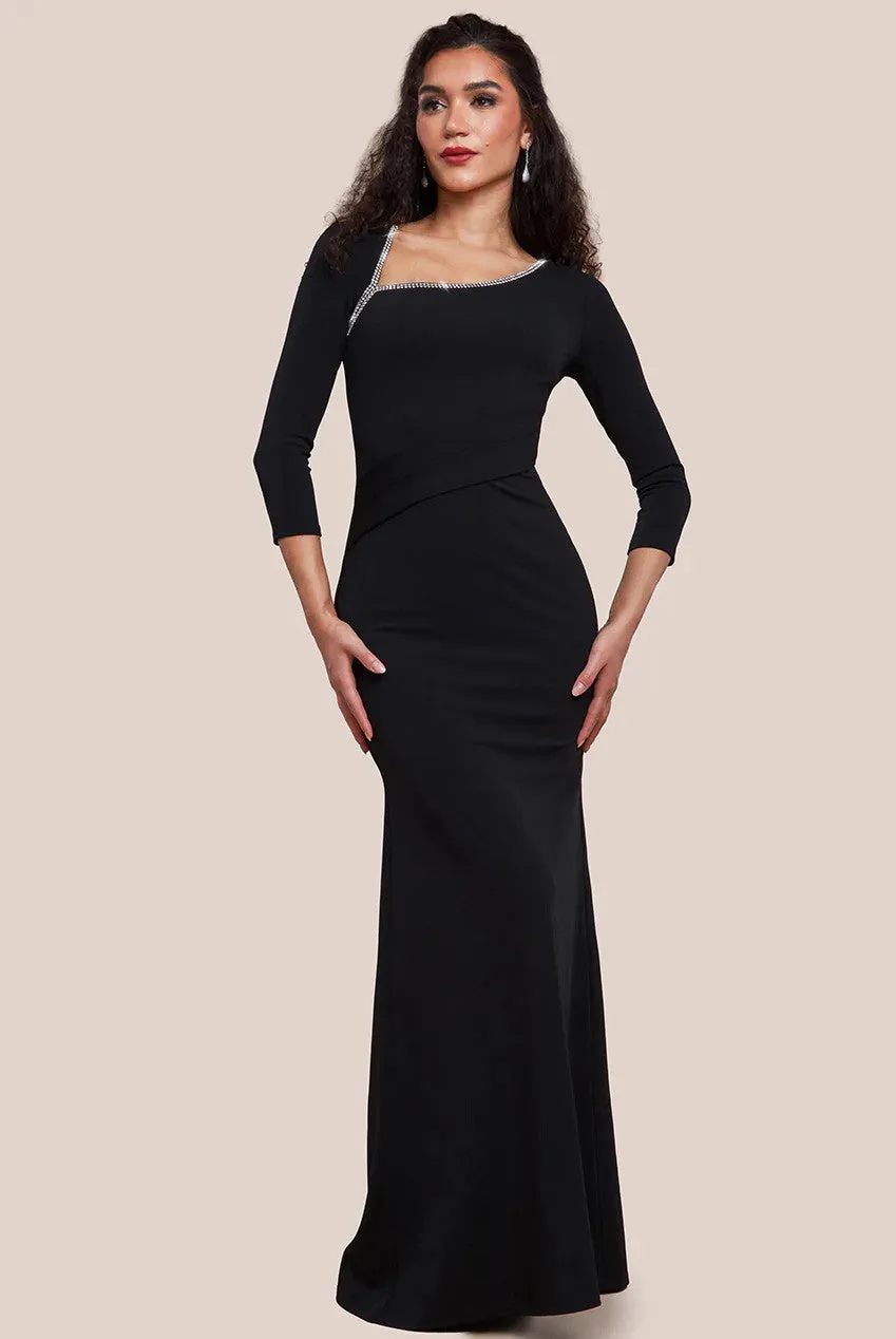 Goddiva Asymmetric Neck Diamante Embellished Maxi Dress