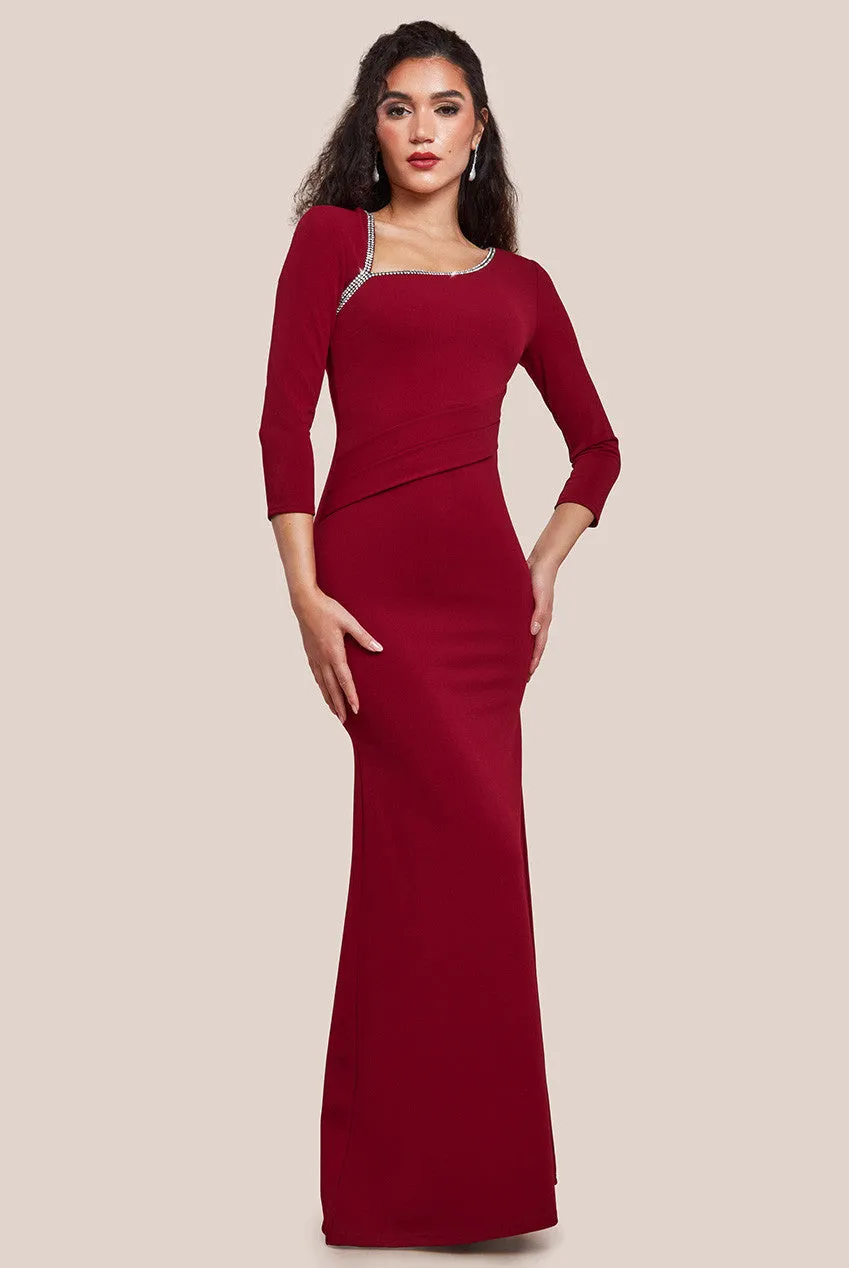 Goddiva Asymmetric Neck Diamante Embellished Maxi Dress