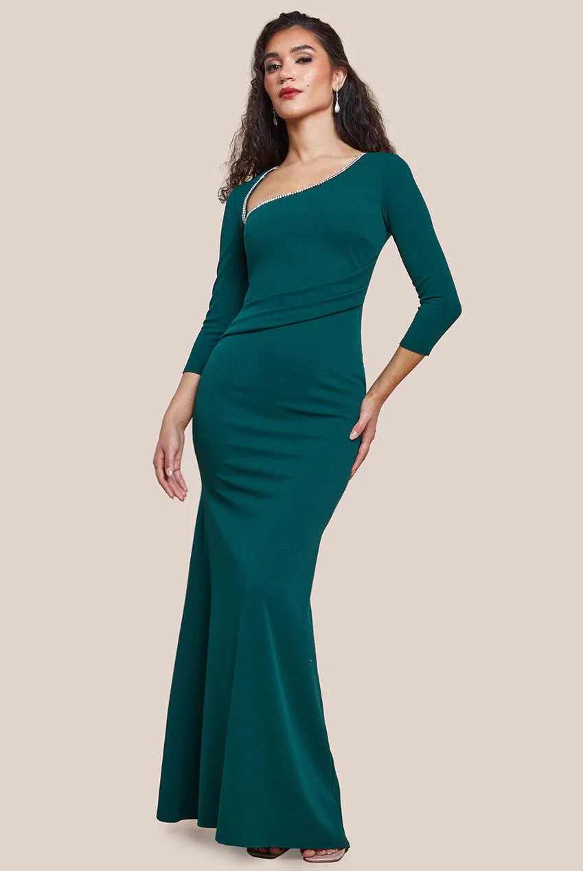 Goddiva Asymmetric Neck Diamante Embellished Maxi Dress