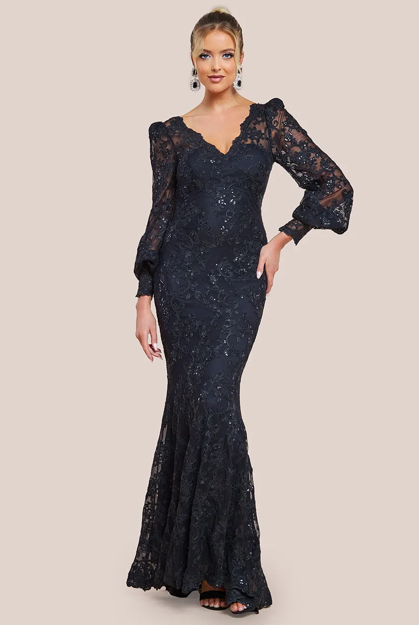 Goddiva Embroidered Lace Scalloped Edge Maxi Dress