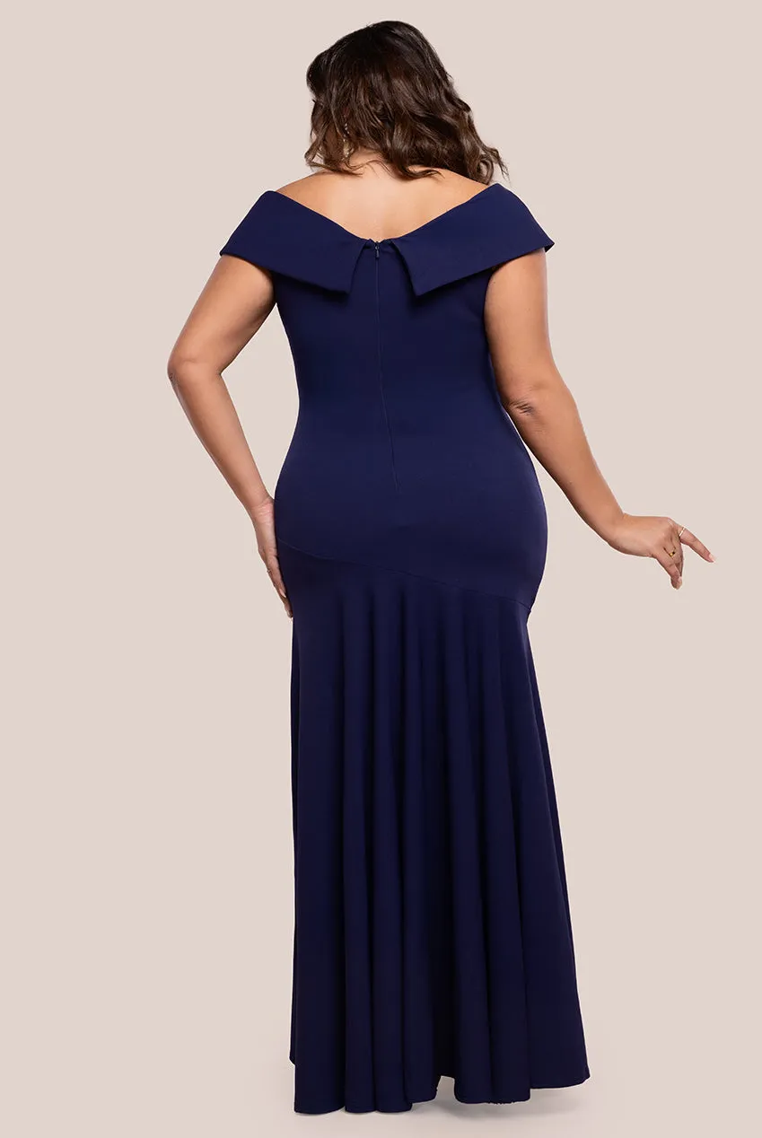 Goddiva Plus Scuba Crepe Off Shoulder Front Split Maxi Dress