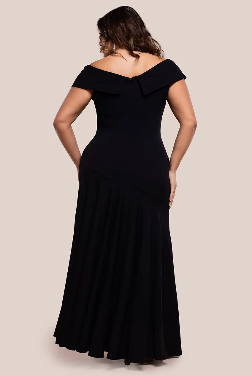 Goddiva Plus Scuba Crepe Off Shoulder Front Split Maxi Dress