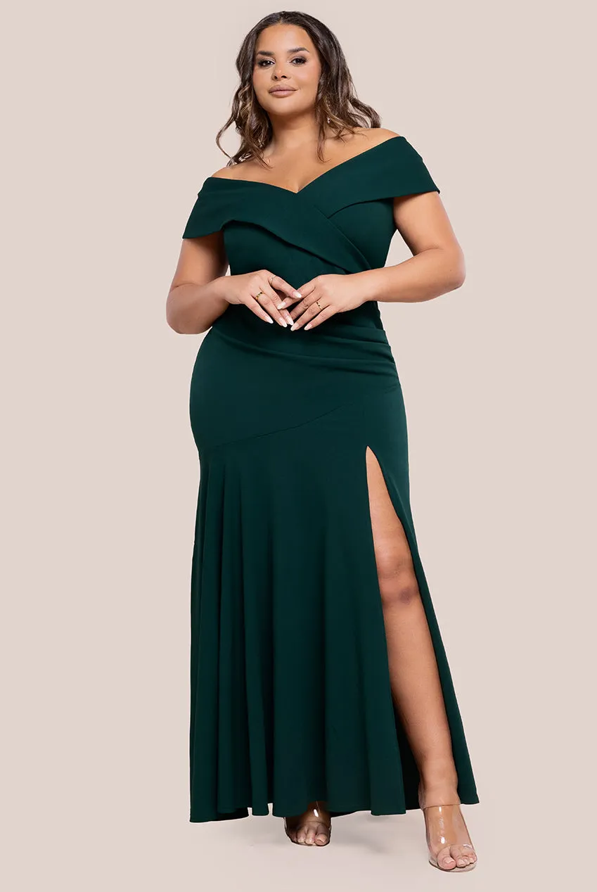 Goddiva Plus Scuba Crepe Off Shoulder Front Split Maxi Dress