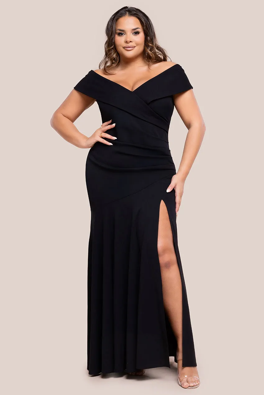 Goddiva Plus Scuba Crepe Off Shoulder Front Split Maxi Dress