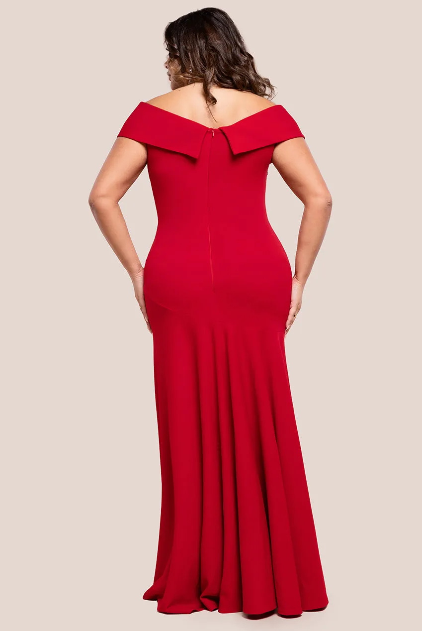 Goddiva Plus Scuba Crepe Off Shoulder Front Split Maxi Dress