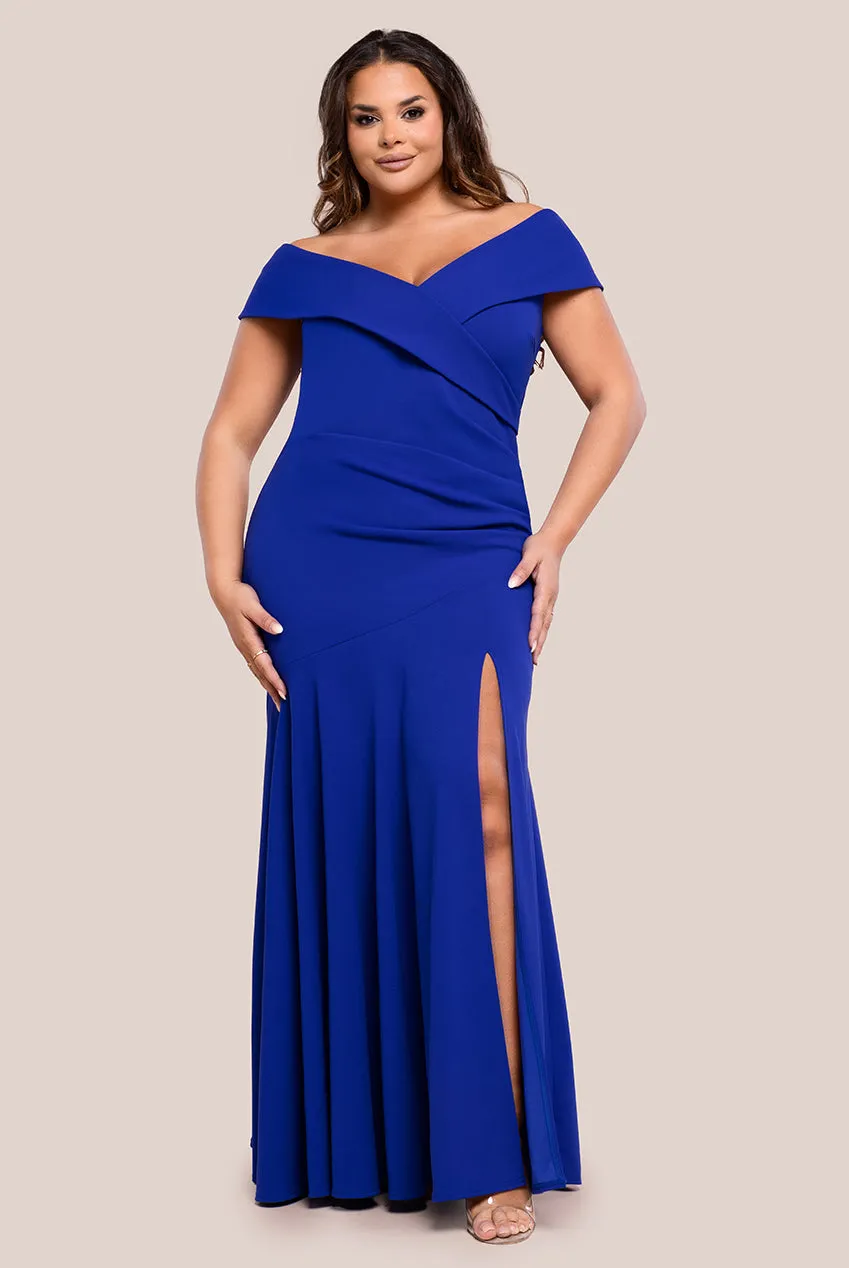 Goddiva Plus Scuba Crepe Off Shoulder Front Split Maxi Dress