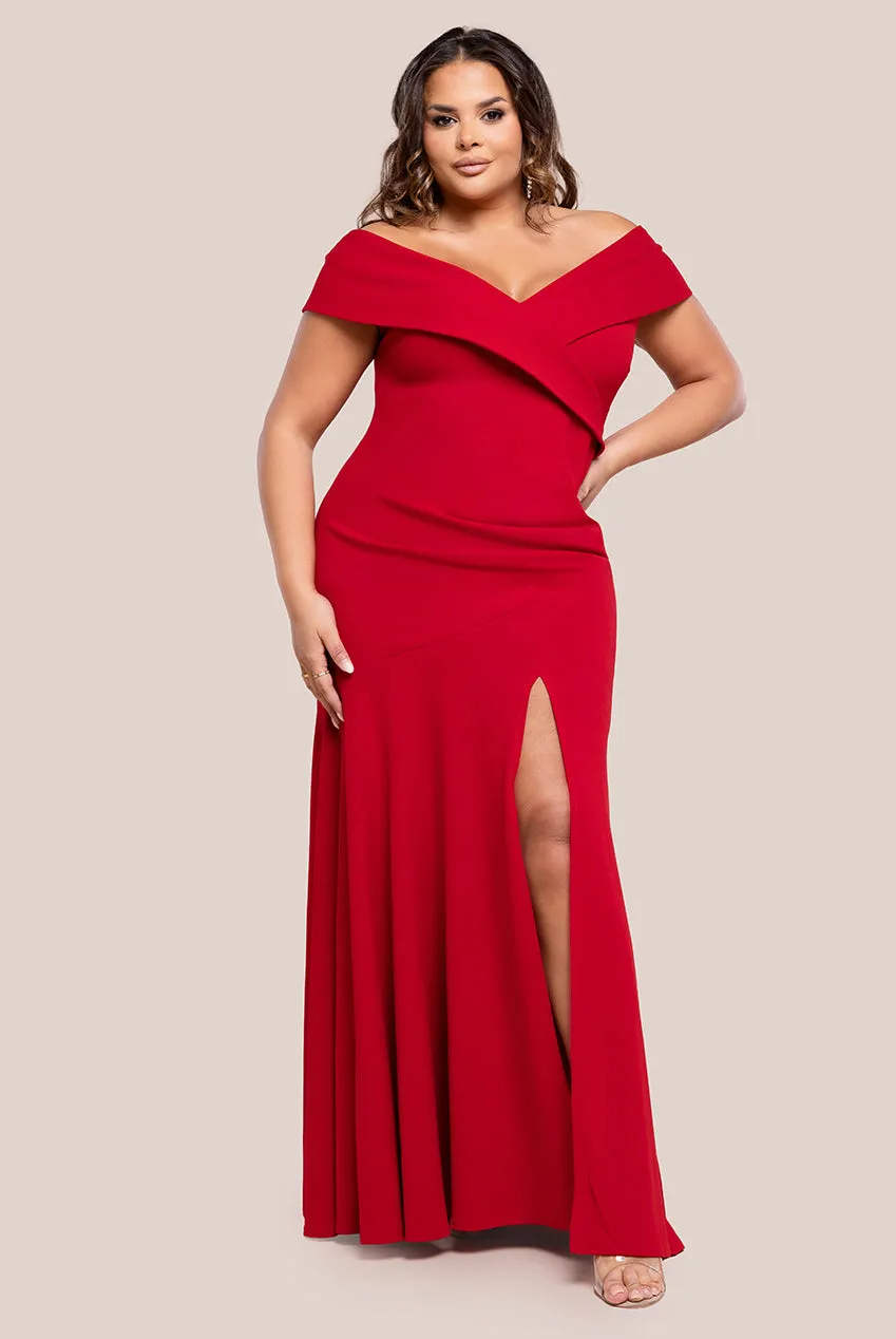 Goddiva Plus Scuba Crepe Off Shoulder Front Split Maxi Dress