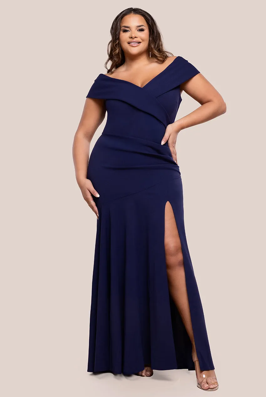 Goddiva Plus Scuba Crepe Off Shoulder Front Split Maxi Dress