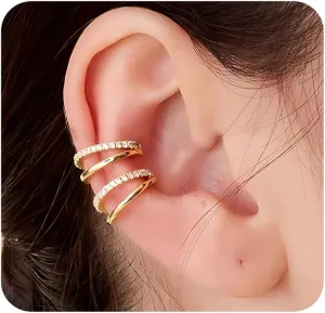 Gold Ear Cuff Earrings for Women 14K Gold Plated Cubic Zirconia Sparkling Round Huggie Ear Cuff Non Piercing Clip On Cartilage