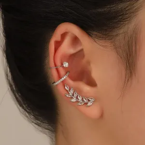 Gold/Silver Leaf-Shaped Zircon Ear Cuff Set, Minimalist Non-Piercing Clip-On Ear Climbers, Stylish and Elegant Nature-Inspired Earrings for WomenSilver