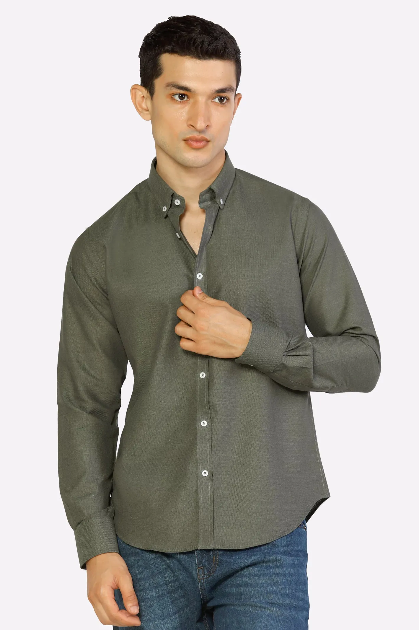 Green Oxford Textured Casual Shirt