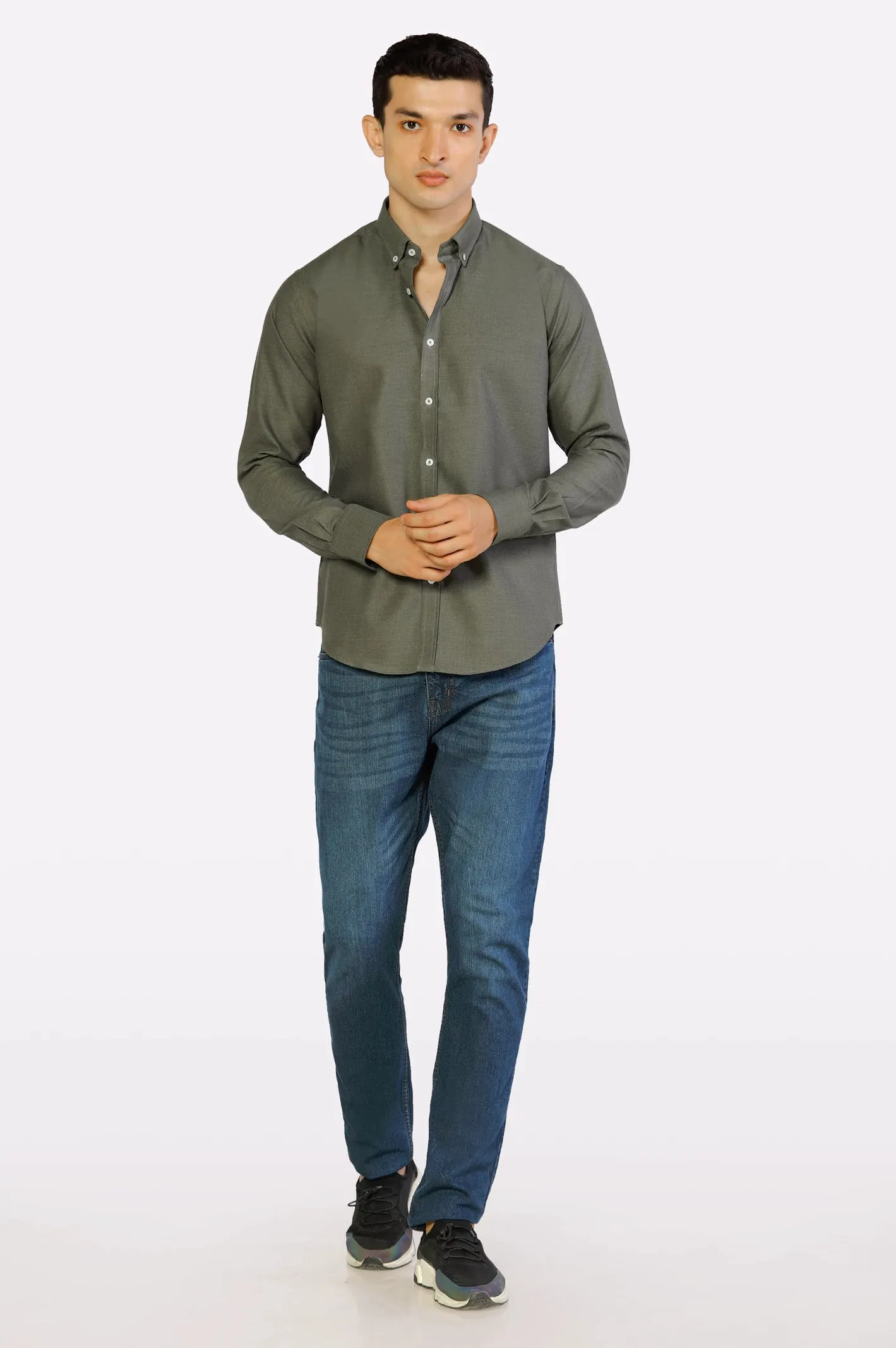 Green Oxford Textured Casual Shirt