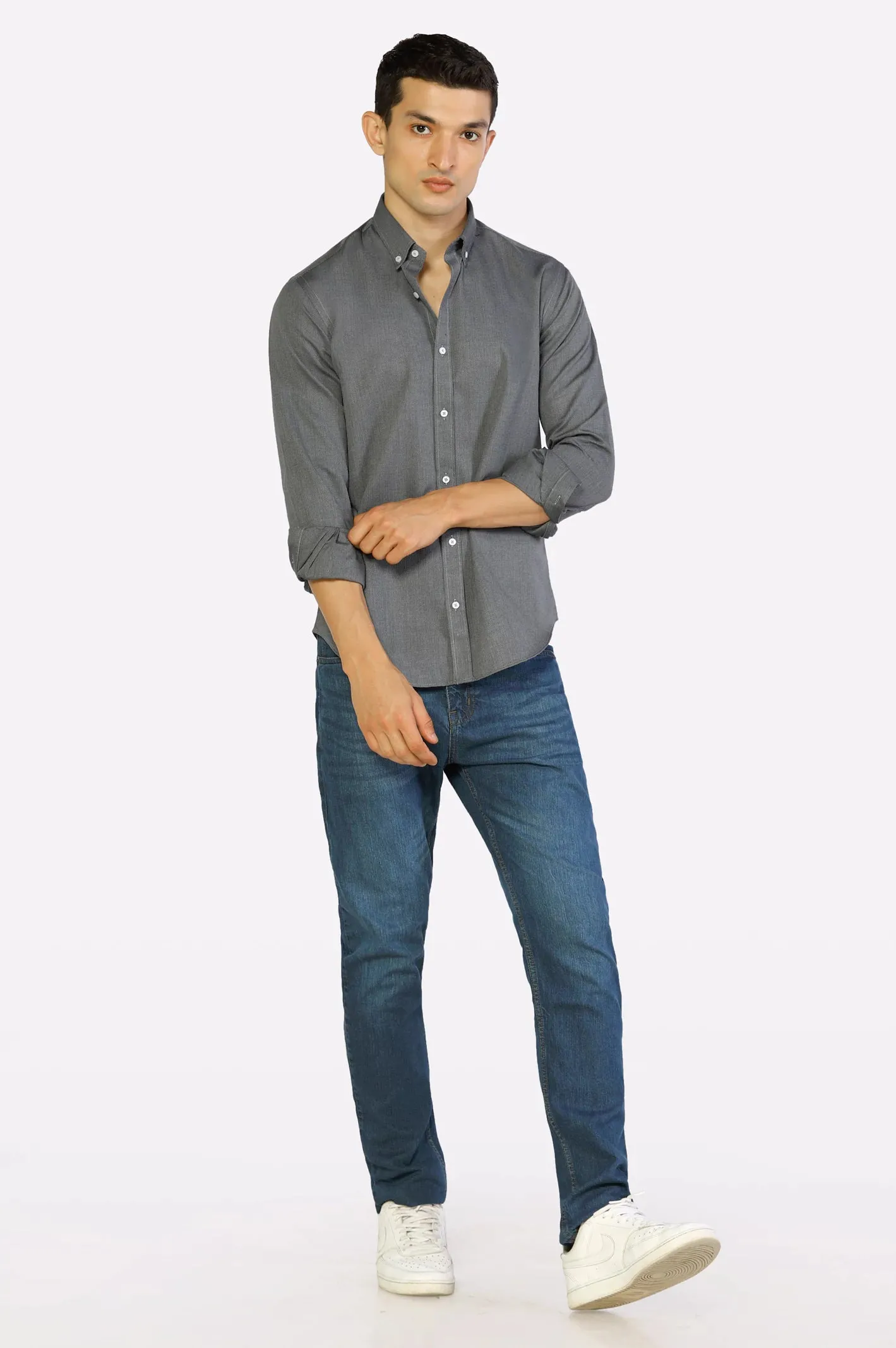 Grey Oxford Textured Casual Shirt