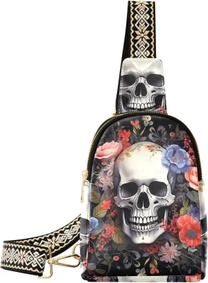 Halloween Skull Flower Gothic Sling Bag for Women Fanny Packs for Women Small Leather Fanny Pack Crossbody Bags Fashion Waist Packs Chest Bag for Travel 21340978