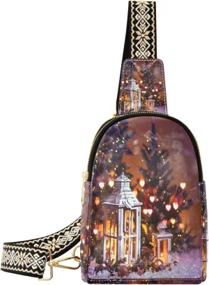 Happy New Year Fanny Pack Crossbody PC Leather Small Sling Bag for Women Christmas Lantern Fashion Waist Packs Chest Bag for Travel Sports Running Hiking