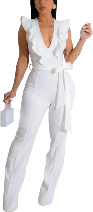 HBQ Womens Casual One Piece Jumpsuits V-Neck Sleeveless Ruffle Elegant Romper Wide Leg Pant Sexy Party Clubwear Overalls