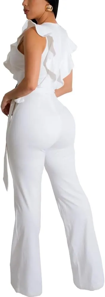 HBQ Womens Casual One Piece Jumpsuits V-Neck Sleeveless Ruffle Elegant Romper Wide Leg Pant Sexy Party Clubwear Overalls