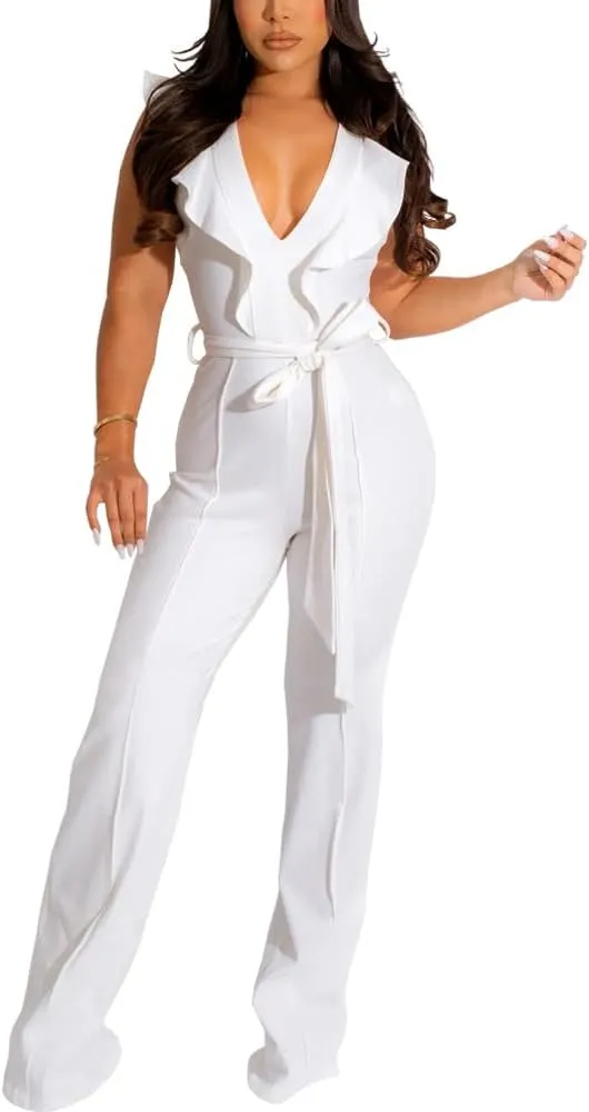 HBQ Womens Casual One Piece Jumpsuits V-Neck Sleeveless Ruffle Elegant Romper Wide Leg Pant Sexy Party Clubwear Overalls