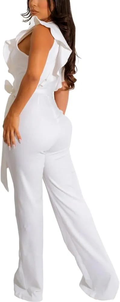 HBQ Womens Casual One Piece Jumpsuits V-Neck Sleeveless Ruffle Elegant Romper Wide Leg Pant Sexy Party Clubwear Overalls