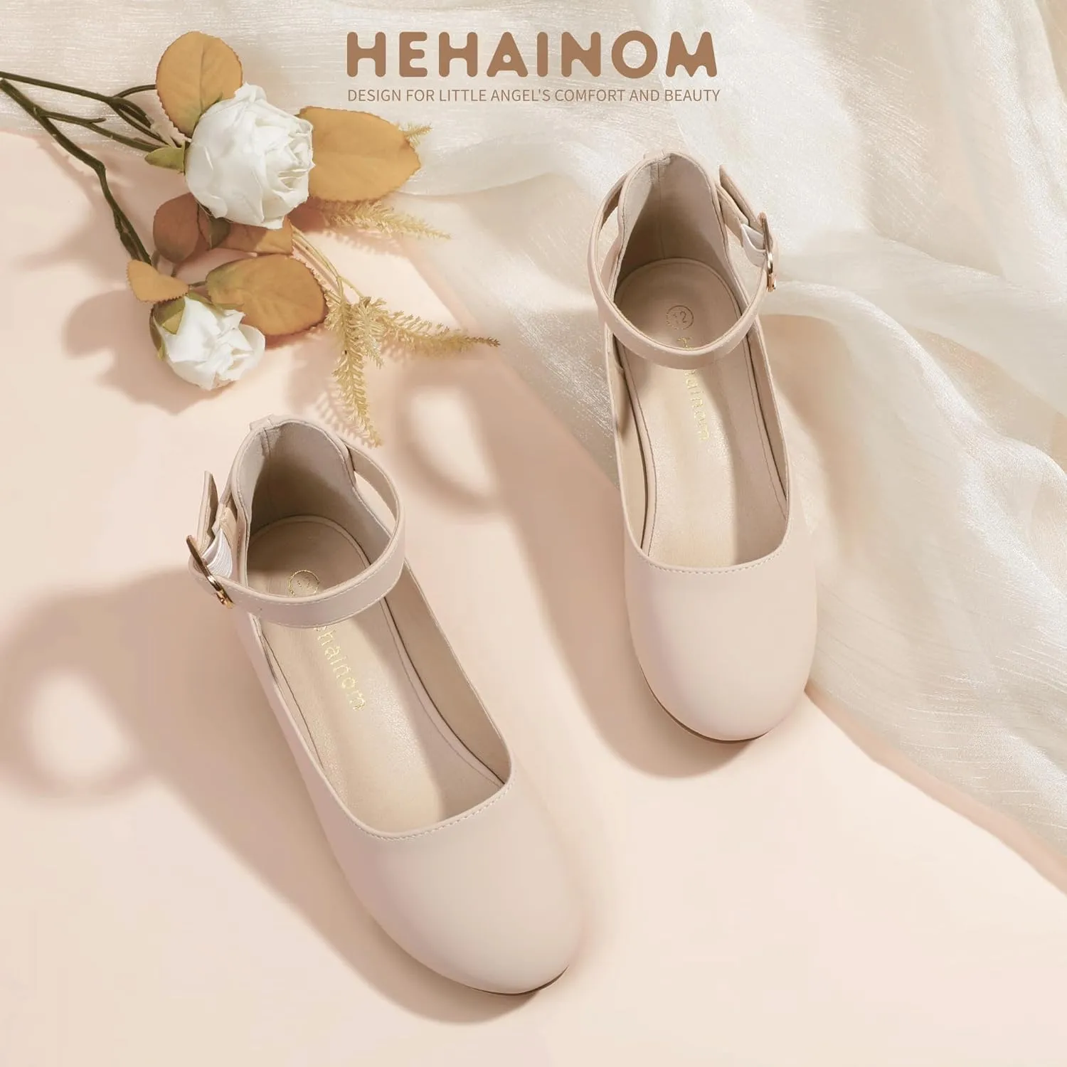 Hehainom Girls Dress Shoes Ankle Strap Flower Girl Heels for Little Big Kids Heels Wedding Church Party Shoes
