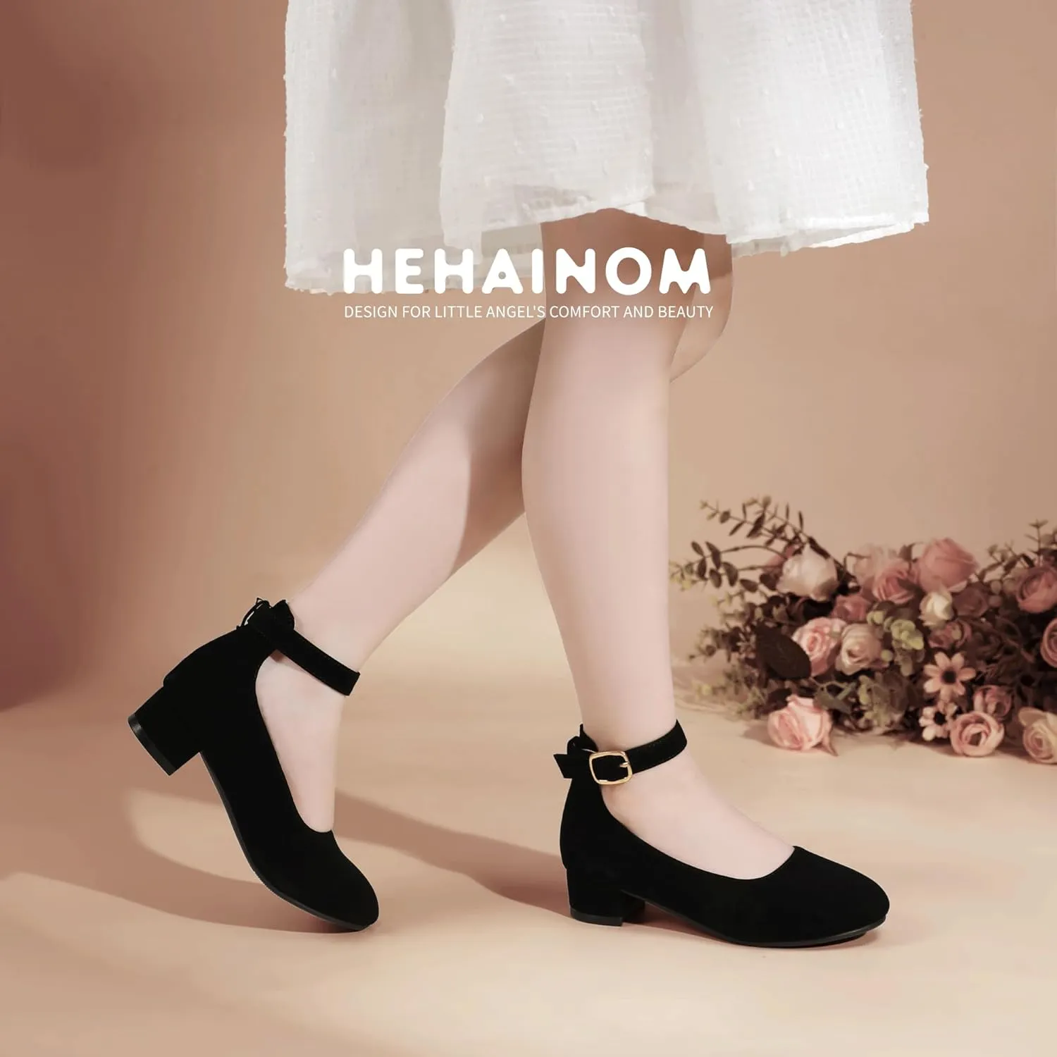 Hehainom Girls Dress Shoes Ankle Strap Flower Girl Heels for Little Big Kids Heels Wedding Church Party Shoes