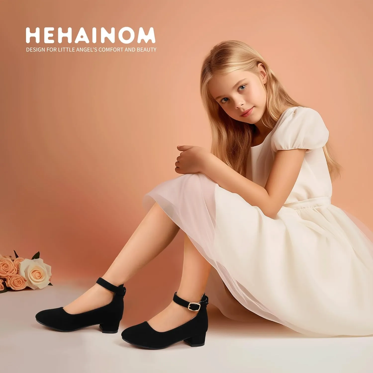 Hehainom Girls Dress Shoes Ankle Strap Flower Girl Heels for Little Big Kids Heels Wedding Church Party Shoes