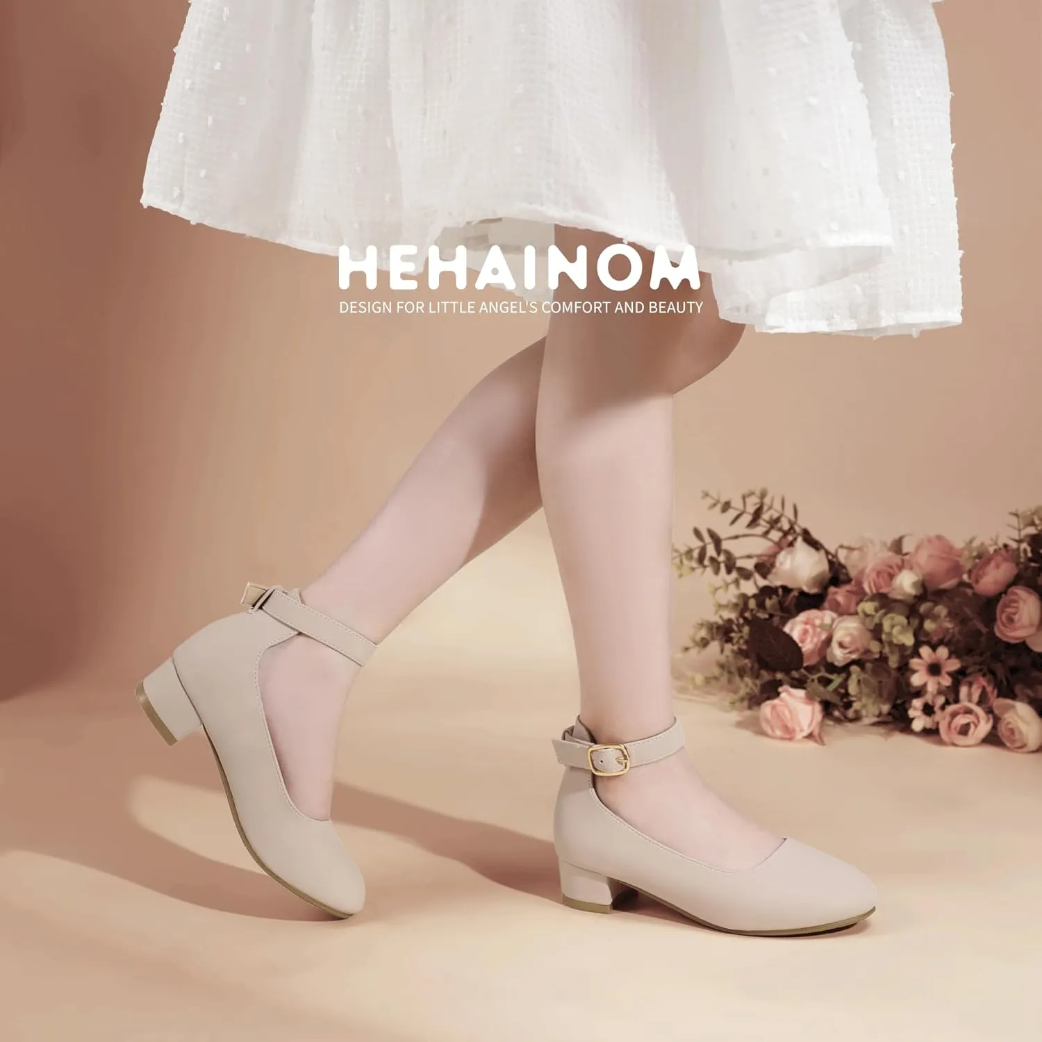 Hehainom Girls Dress Shoes Ankle Strap Flower Girl Heels for Little Big Kids Heels Wedding Church Party Shoes