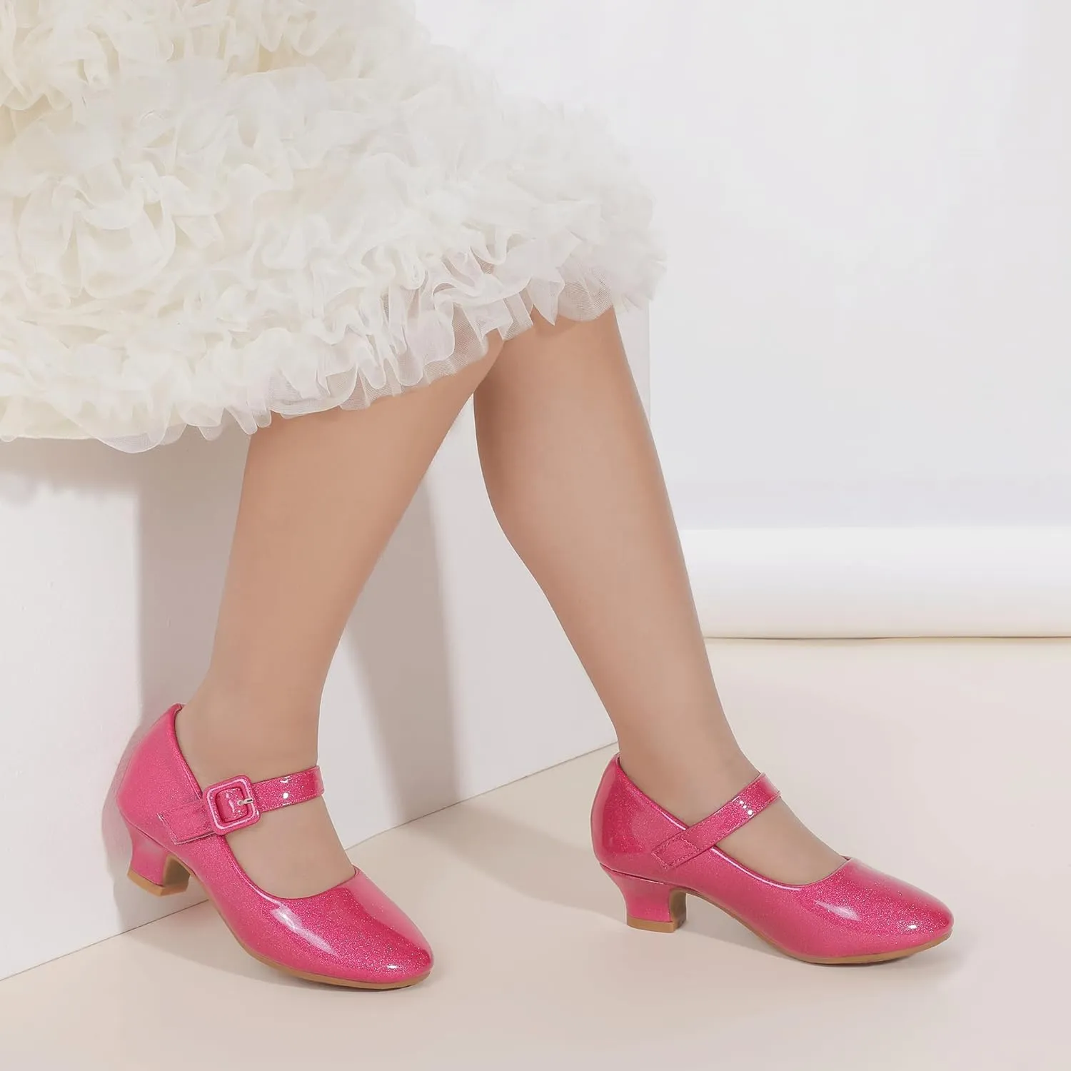 Hehainom Girls Dress Shoes Low Heels Mary Jane Flower Girl Wedding Party Communion Toddler Kids Heels