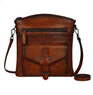 HESHE Leather Crossbody Bags for Women Brown Shoulder Purse Zippered Pockets Handbags Travel Bag Everyday