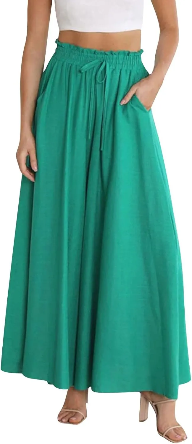 High Waist Flowy Pants for Women Elastic Waist Summer Loose Fit Palazzo Wide Leg Pants Dressy Soft with Pockets Outfits