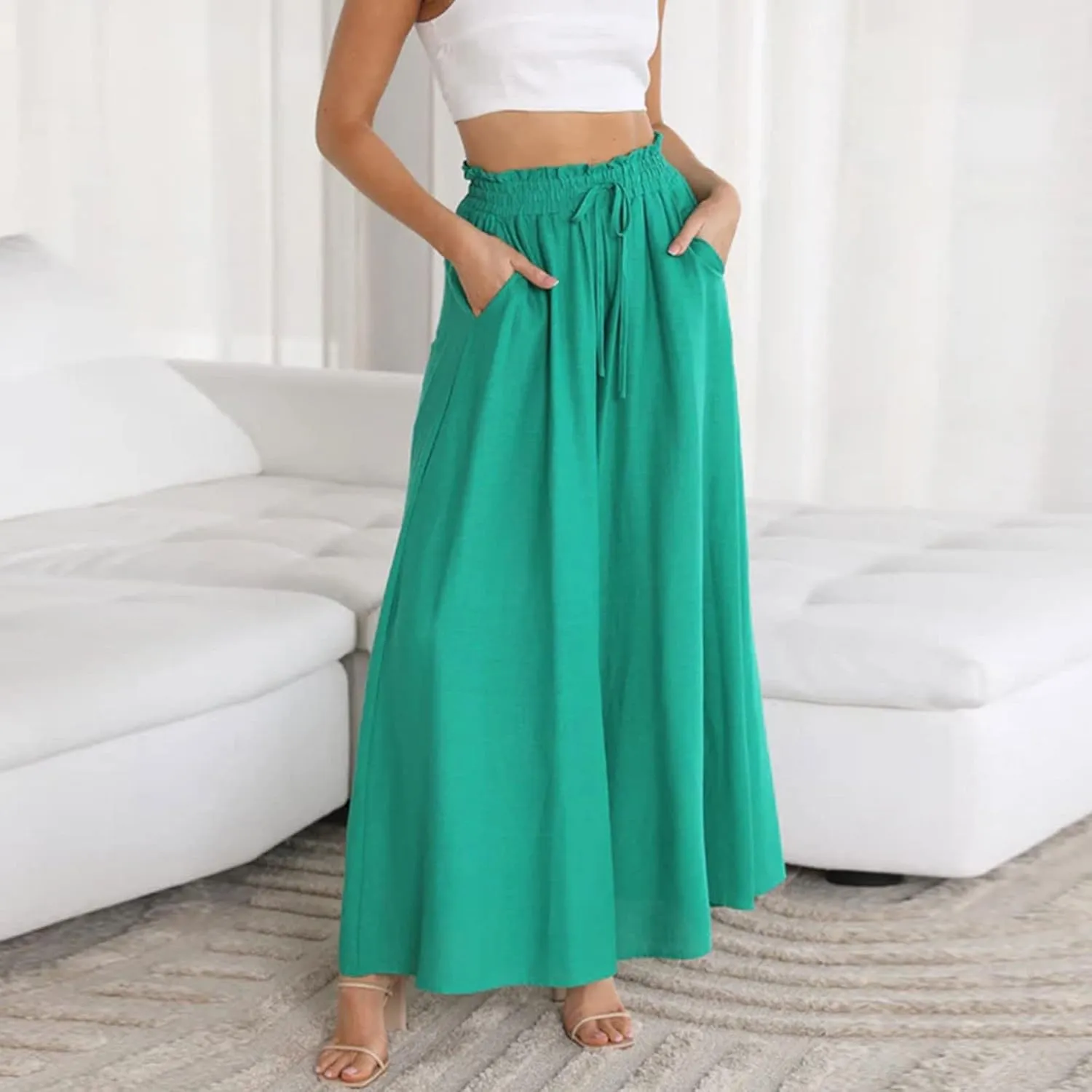 High Waist Flowy Pants for Women Elastic Waist Summer Loose Fit Palazzo Wide Leg Pants Dressy Soft with Pockets Outfits