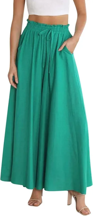 High Waist Flowy Pants for Women Elastic Waist Summer Loose Fit Palazzo Wide Leg Pants Dressy Soft with Pockets Outfits