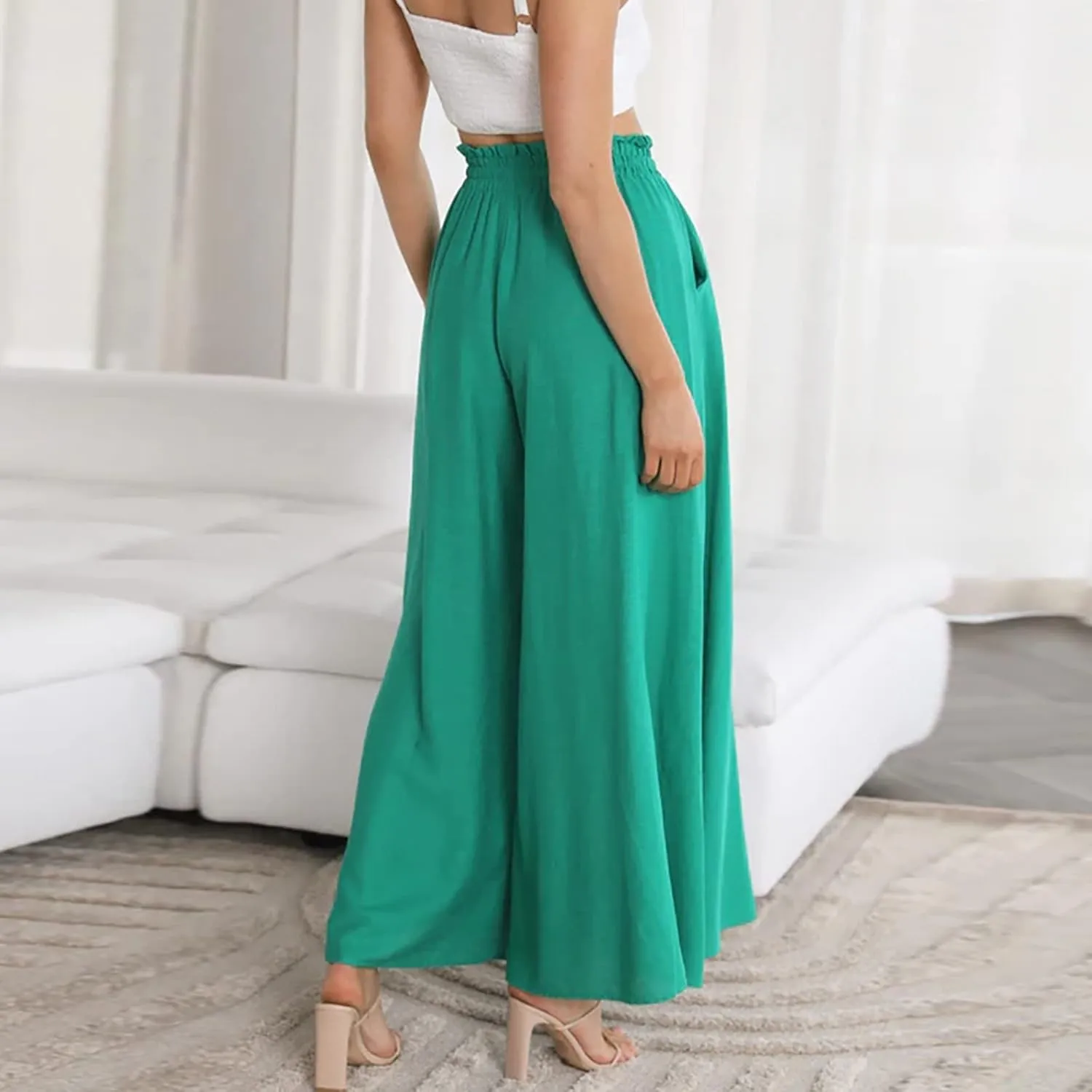 High Waist Flowy Pants for Women Elastic Waist Summer Loose Fit Palazzo Wide Leg Pants Dressy Soft with Pockets Outfits