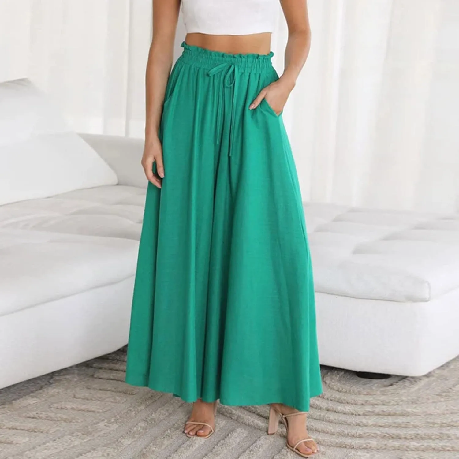 High Waist Flowy Pants for Women Elastic Waist Summer Loose Fit Palazzo Wide Leg Pants Dressy Soft with Pockets Outfits