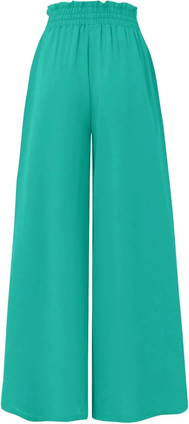 High Waist Flowy Pants for Women Elastic Waist Summer Loose Fit Palazzo Wide Leg Pants Dressy Soft with Pockets Outfits
