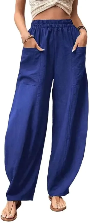 High Waist Relaxed Fit Lantern Trousers Plus Size Cotton Linen Casual Summer Elastic Pants for Women