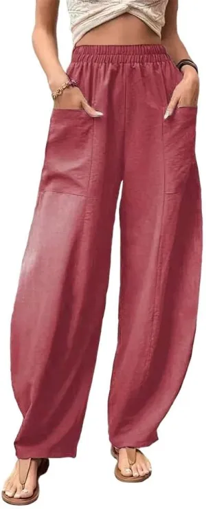 High Waist Relaxed Fit Lantern Trousers Plus Size Cotton Linen Casual Summer Elastic Pants for Women