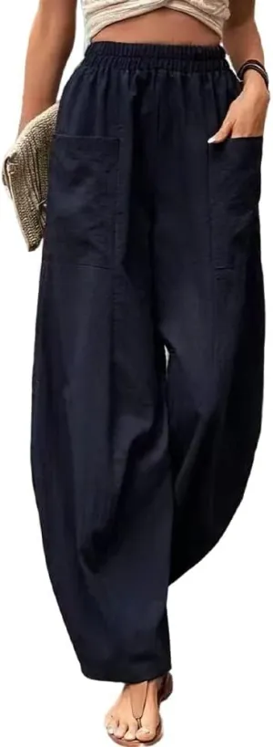 High Waist Relaxed Fit Lantern Trousers Plus Size Cotton Linen Casual Summer Elastic Pants for Women