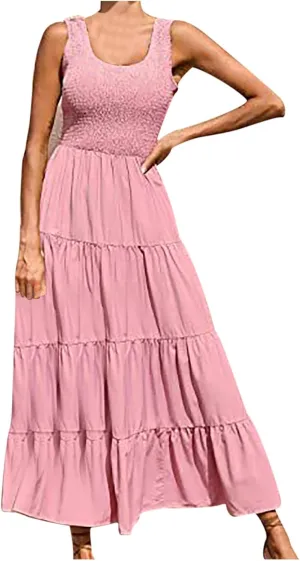 hlysgo Women Summer Dresses Casual Sleeveless Maxi Dresses Smocked High Waist Flowy Tiered Midi Dress Wedding Guest Dress
