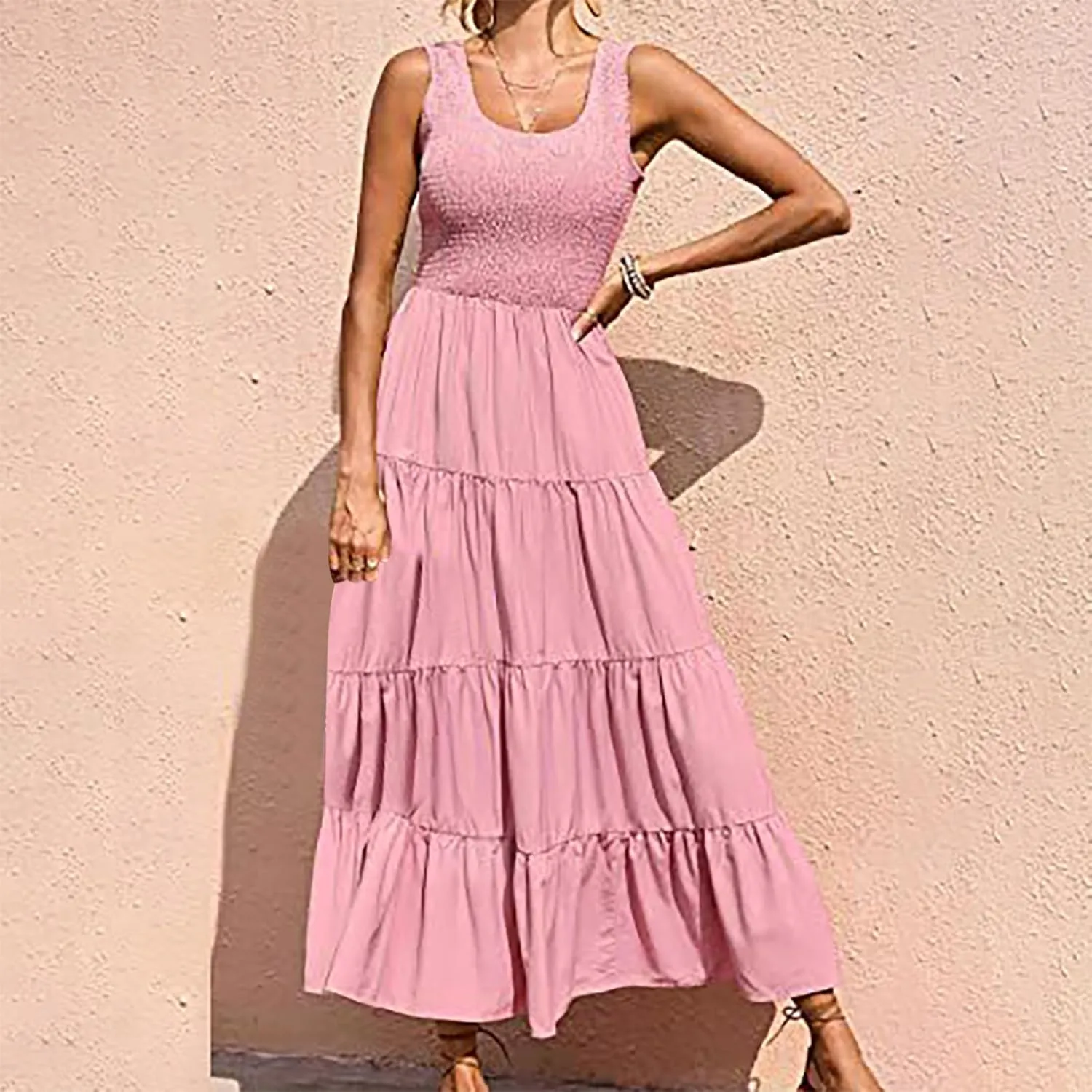 hlysgo Women Summer Dresses Casual Sleeveless Maxi Dresses Smocked High Waist Flowy Tiered Midi Dress Wedding Guest Dress