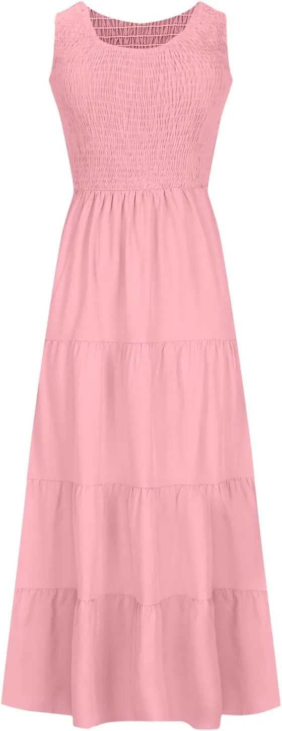 hlysgo Women Summer Dresses Casual Sleeveless Maxi Dresses Smocked High Waist Flowy Tiered Midi Dress Wedding Guest Dress