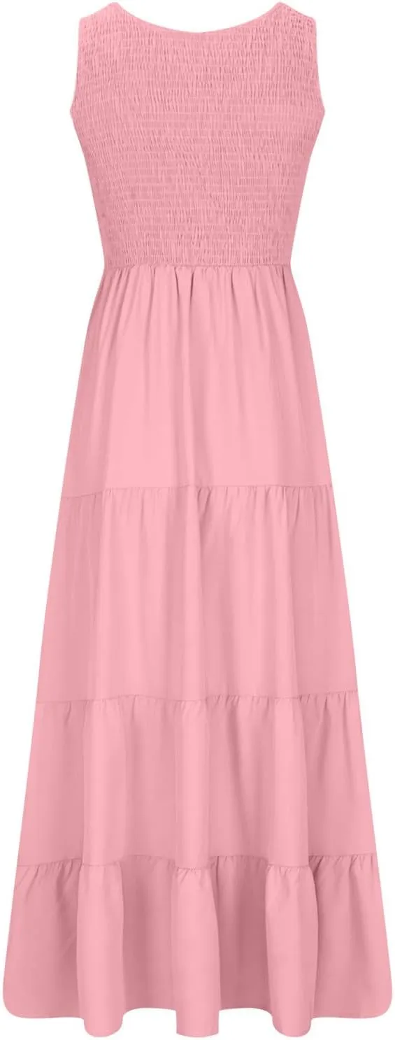 hlysgo Women Summer Dresses Casual Sleeveless Maxi Dresses Smocked High Waist Flowy Tiered Midi Dress Wedding Guest Dress