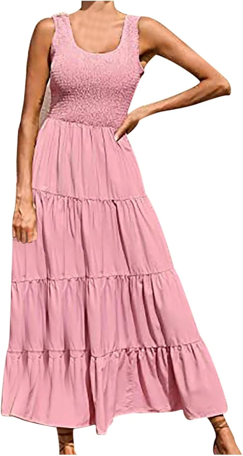 hlysgo Women Summer Dresses Casual Sleeveless Maxi Dresses Smocked High Waist Flowy Tiered Midi Dress Wedding Guest Dress