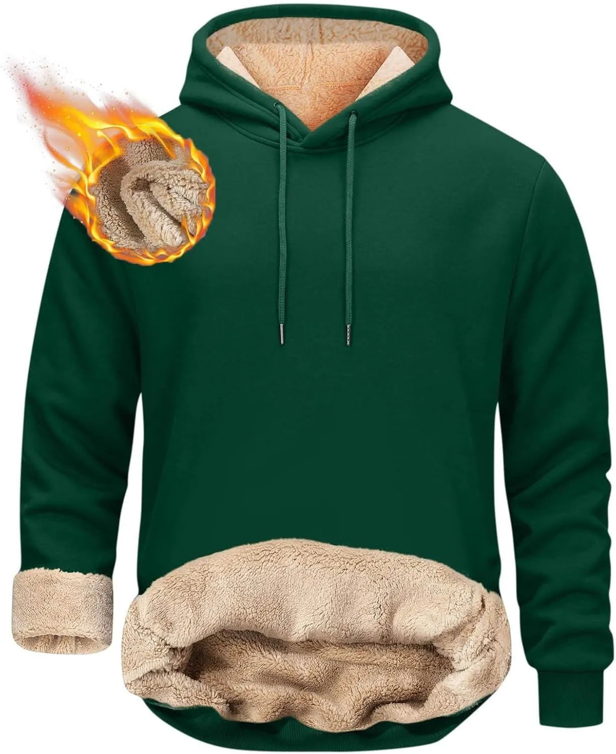 Hoodies For Men Heavyweight Fuzzy Warm Lined Winter Hooded Pullover Thick Sweatshirt Long Sleeved Round Neck Tops