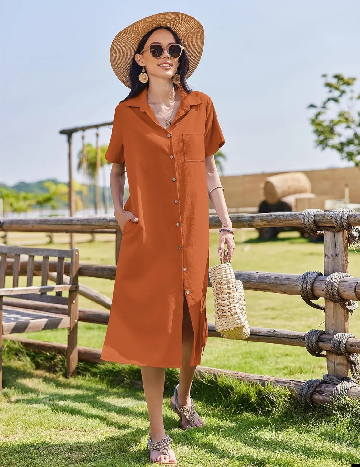 HOTOUCH Womens Dress Summer Casual Midi Short Sleeve Button Down Shirt Dress Loose Beach Cover Up Dress with Pockets