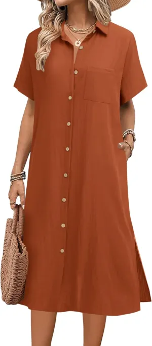 HOTOUCH Womens Dress Summer Casual Midi Short Sleeve Button Down Shirt Dress Loose Beach Cover Up Dress with Pockets